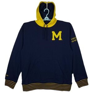 Michigan Wolverines Mitchell & Ness NCAA Large‎ Hoodie Felt Logo Navy Yellow New